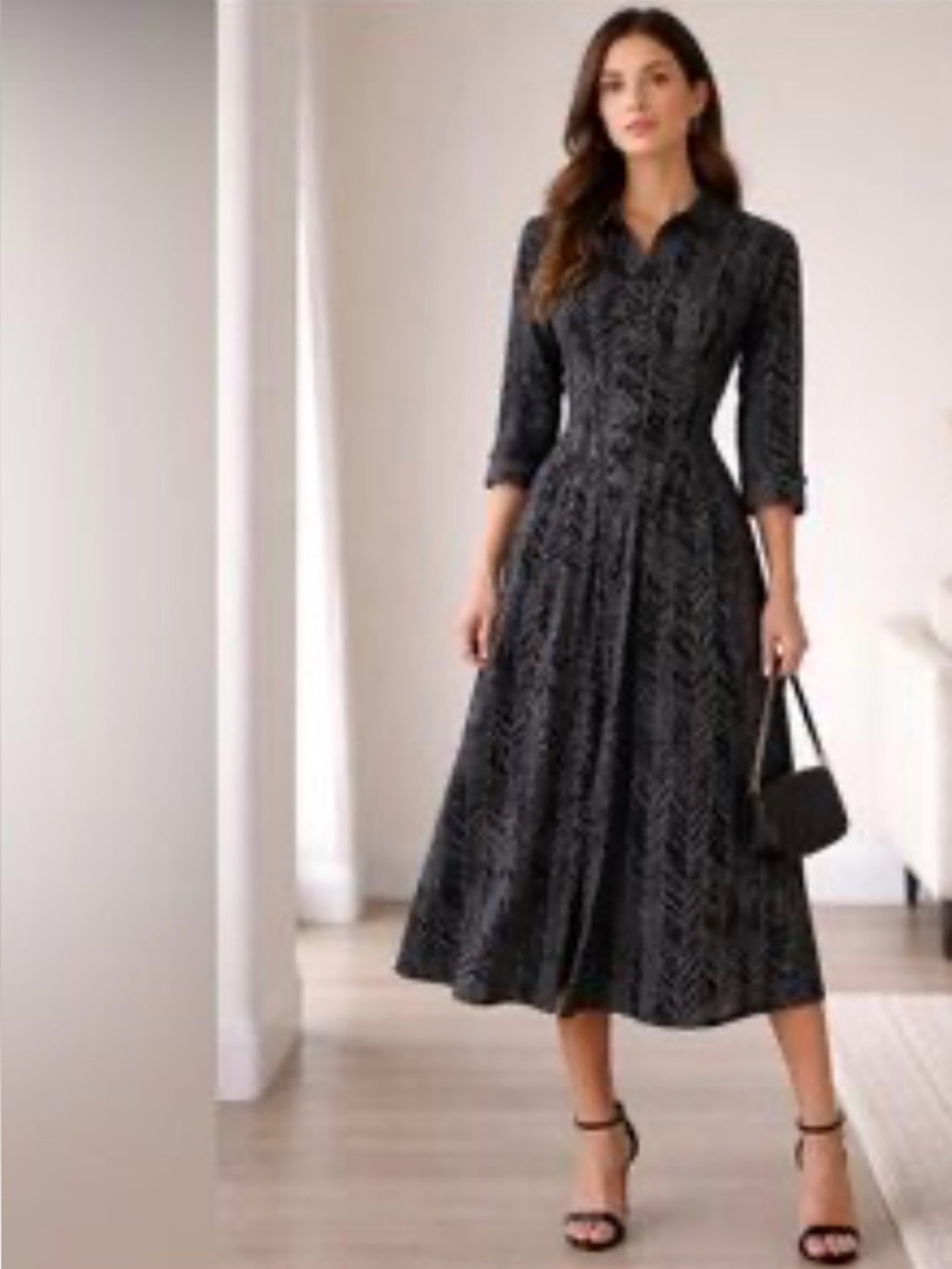 David Meister Black Patterned Midi Shirt Dress